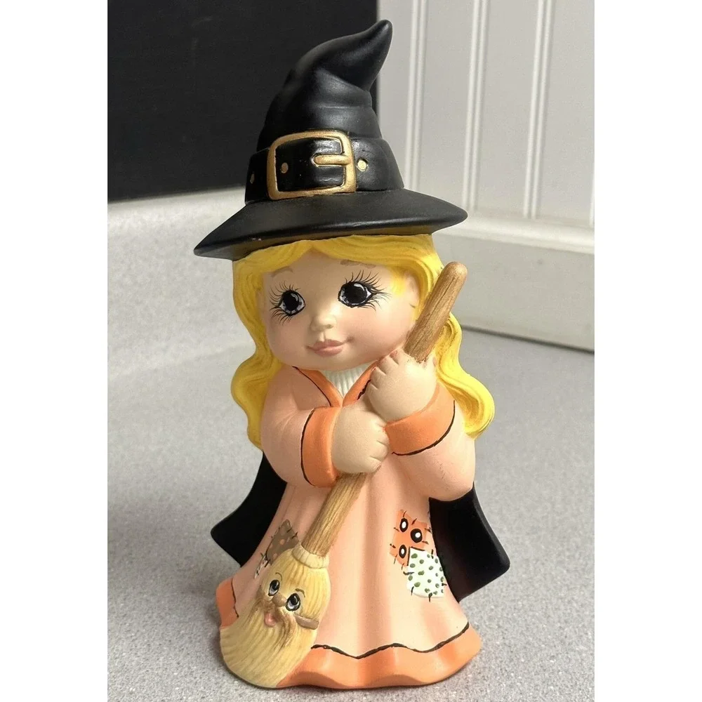 90's Halloween Hand Painted Witch Girl W/ Broom 8.5